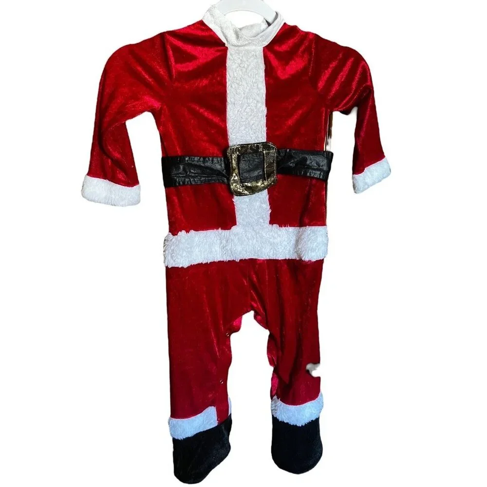 Baby Santa In Character Costume Size L Plush W/ Feet Snaps Red white NO HAT